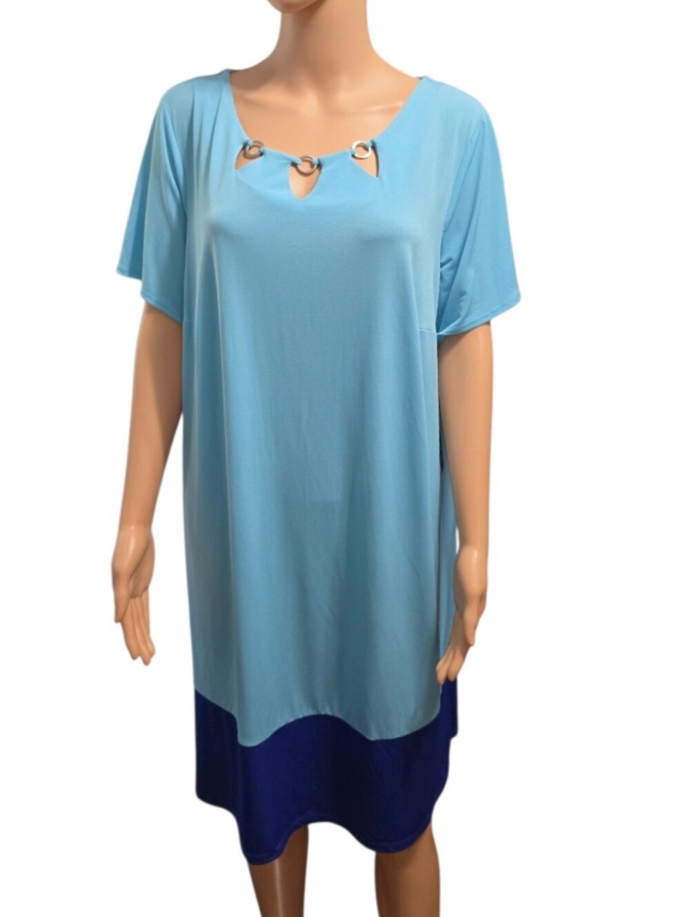 AGB Blue Colorblock Embellished Keyhole Stretch Casual Resortwear Shift Dress 1X